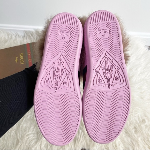 Gucci Ace Fur Lined Sneaker Pink Leather Web Bee NEW size 37 - Picture 5 of 15